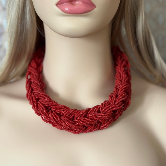 NWOT- Handmade Beaded & Braided multi strand Red seed bead necklace-Adjustable - Picture 4 of 7